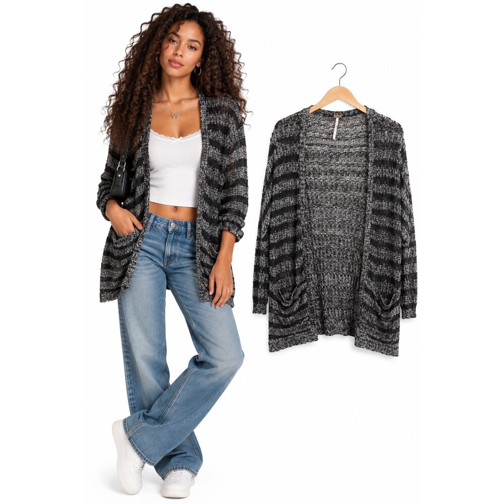 Free People Last Night Stripe Cardigan Size Small Grau Black Open Front Drapey